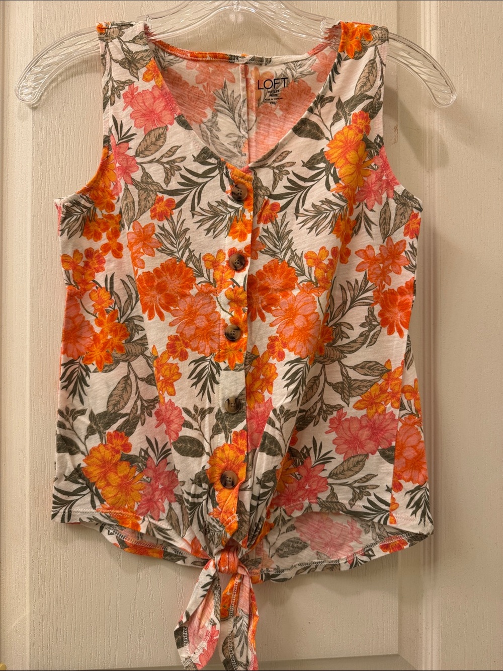 LOFT Floral Button-Front Tie-Hem 100% cotton top in Orange and Pink